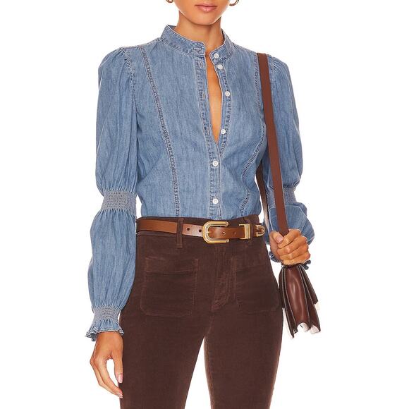Veronica Beard Tops - Veronica Beard Dalton Shirt Mystic Blue Button Front Puff Sleeves Chambray SZ 2